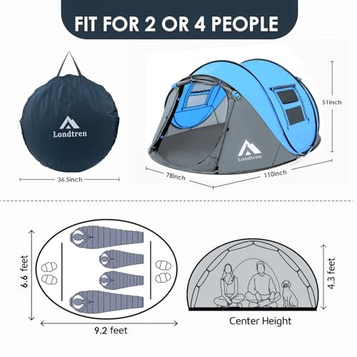 Londtren - Pop Up Tents for Camping 4 Person Waterproof Popup Tent Camping Easy Up Camping Tents Instant Four Person Tent Eas